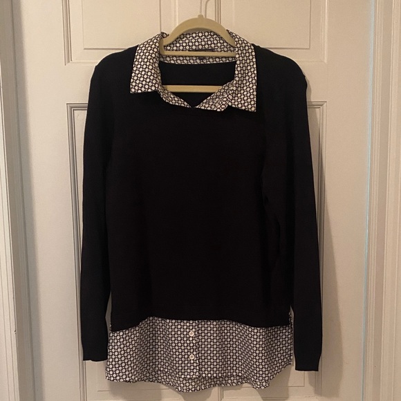 Adrianna Papell Black Sweater with White Patterned Collar and hem - Picture 1 of 5